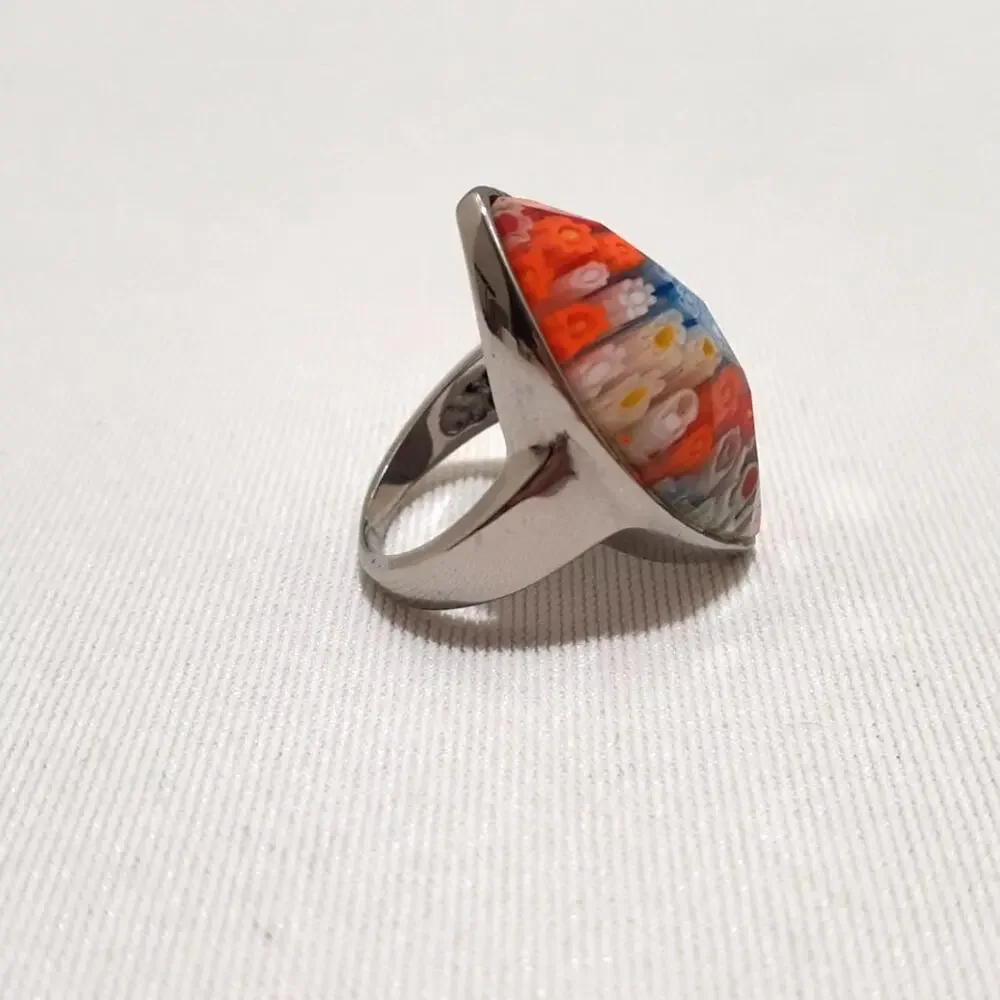 Vintage Murano Millefiori Ladies Ring Silver tone Size 6.25